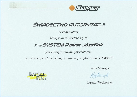 certyfikat sprzedaży i obsługi urządzeń COMET